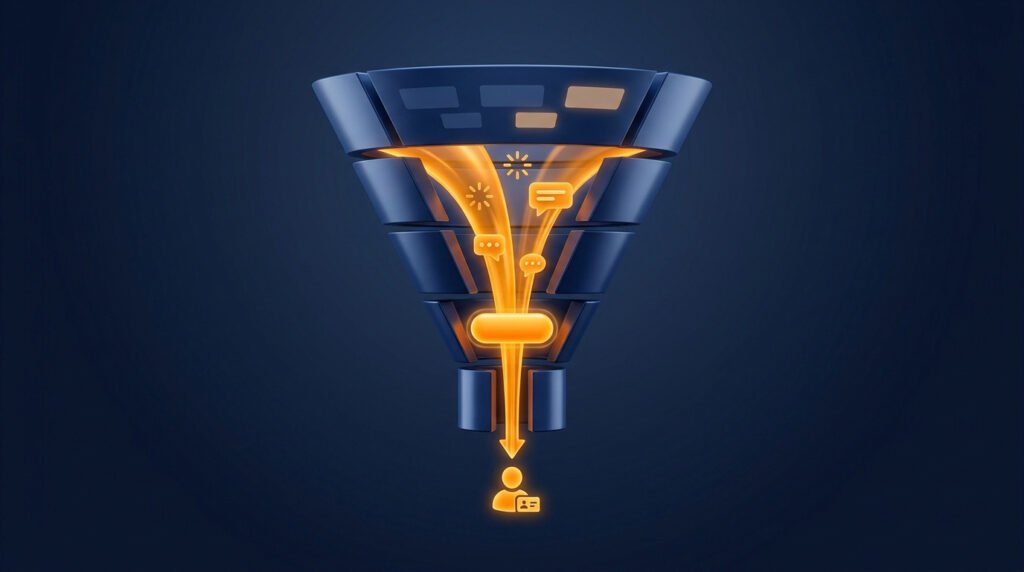 Illustration 3D d'un entonnoir de conversion numérique avec des flux lumineux orange vers un prospect.