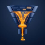 Illustration 3D d'un entonnoir de conversion numérique avec des flux lumineux orange vers un prospect.