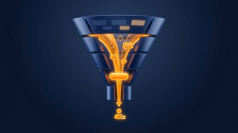 Illustration 3D d'un entonnoir de conversion numérique avec des flux lumineux orange vers un prospect.