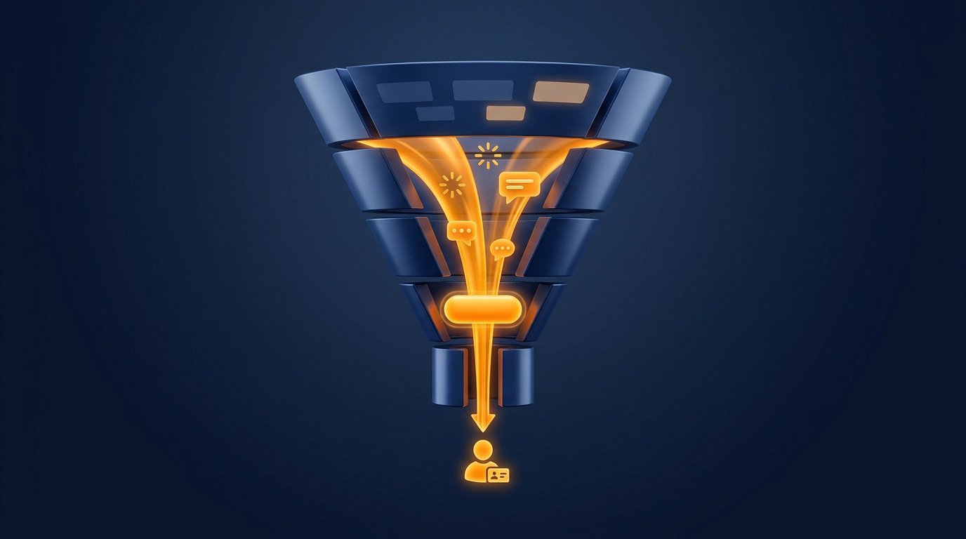 Illustration 3D d'un entonnoir de conversion numérique avec des flux lumineux orange vers un prospect.