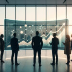 Équipe en réunion devant un écran holographique affichant des données et des graphiques de performance.