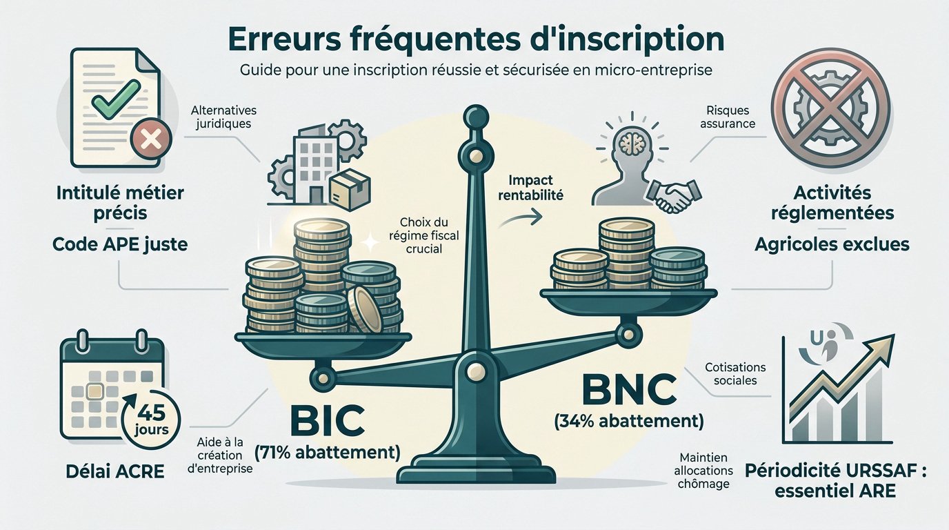 Infographie résumant les erreurs d'inscription en micro-entreprise comme le mauvais code APE ou régime fiscal