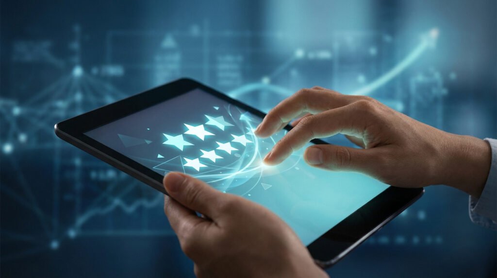 Mains tenant une tablette affichant cinq étoiles de notation numérique sur un fond de graphiques en croissance.