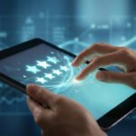 Mains tenant une tablette affichant cinq étoiles de notation numérique sur un fond de graphiques en croissance.