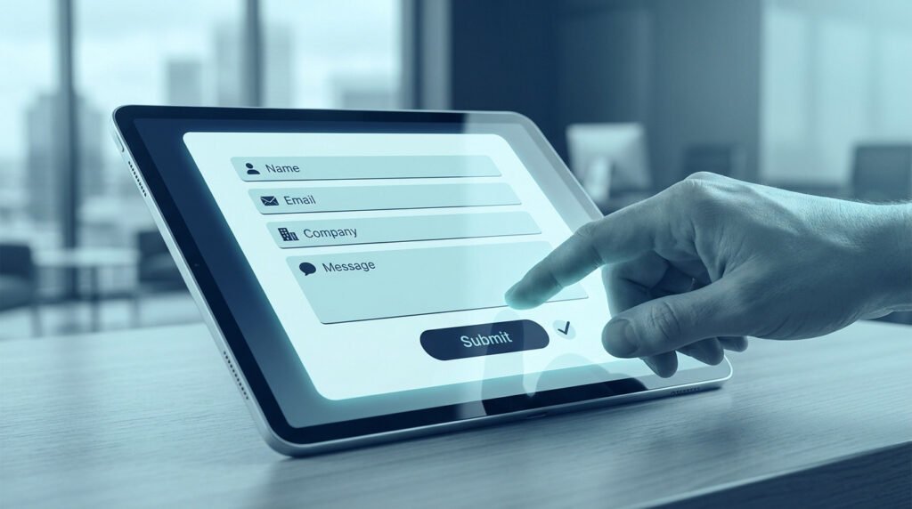Main utilisateur interagissant avec un formulaire de contact simplifié sur l'écran d'une tablette tactile.