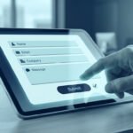 Main utilisateur interagissant avec un formulaire de contact simplifié sur l'écran d'une tablette tactile.