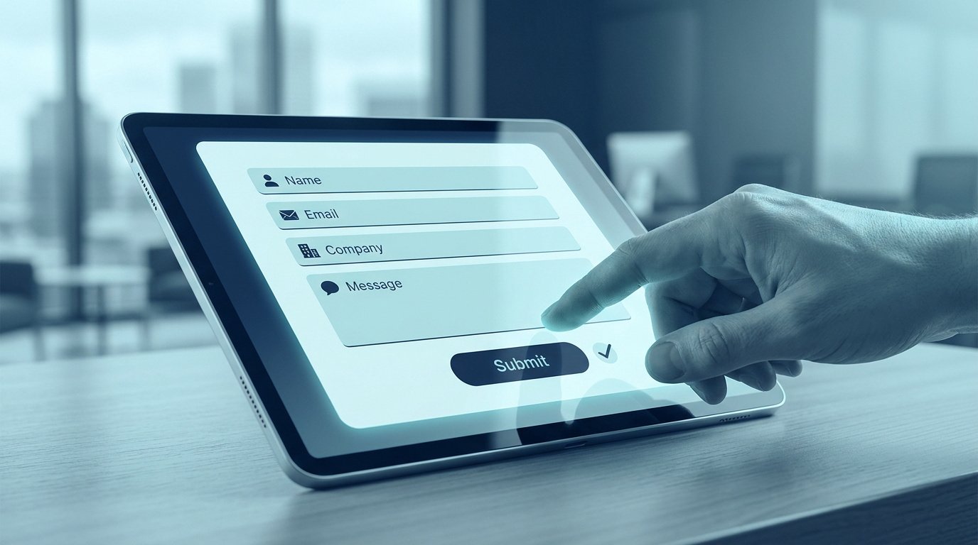 Main utilisateur interagissant avec un formulaire de contact simplifié sur l'écran d'une tablette tactile.