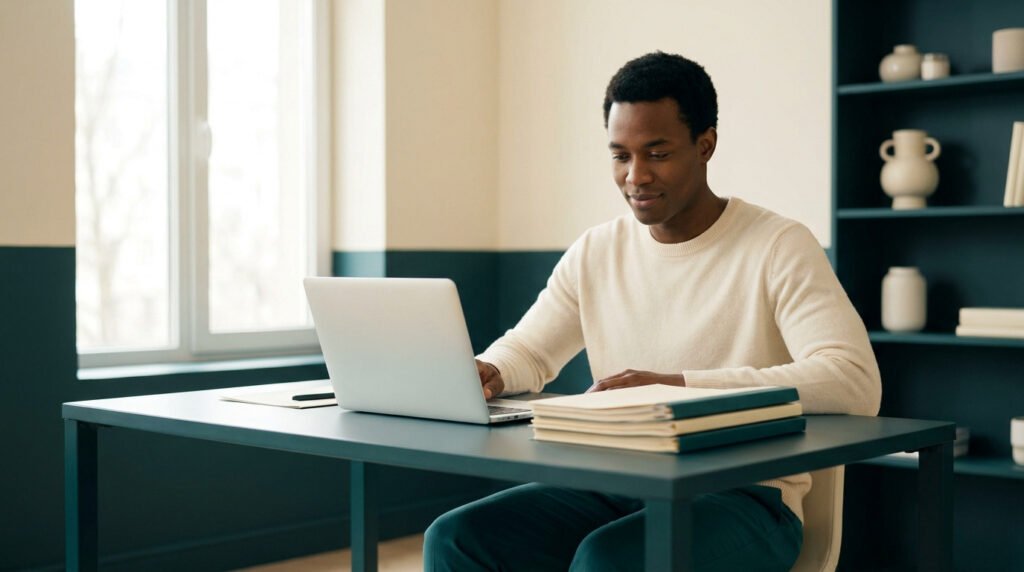 Un homme souriant travaille sur son ordinateur portable pour sa déclaration URSSAF dans un bureau moderne et calme.