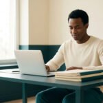 Un homme souriant travaille sur son ordinateur portable pour sa déclaration URSSAF dans un bureau moderne et calme.