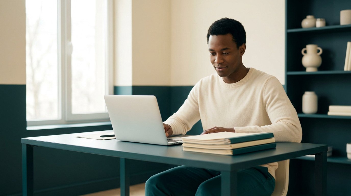 Un homme souriant travaille sur son ordinateur portable pour sa déclaration URSSAF dans un bureau moderne et calme.