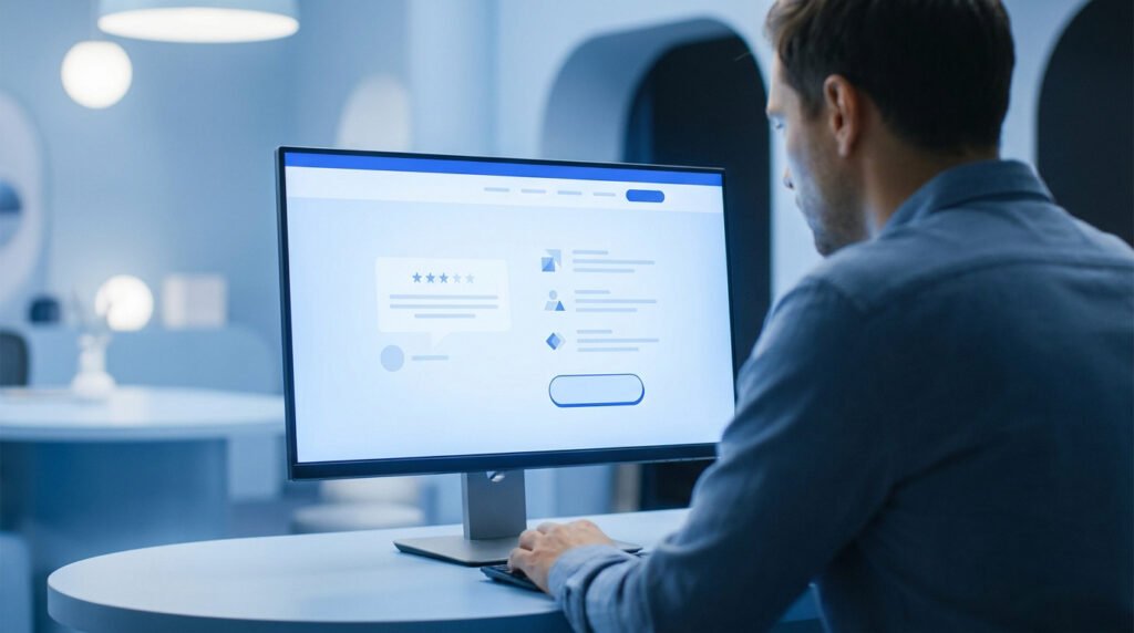 Homme travaillant sur un ordinateur affichant des avis clients et des éléments de design web professionnels.