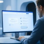 Homme travaillant sur un ordinateur affichant des avis clients et des éléments de design web professionnels.