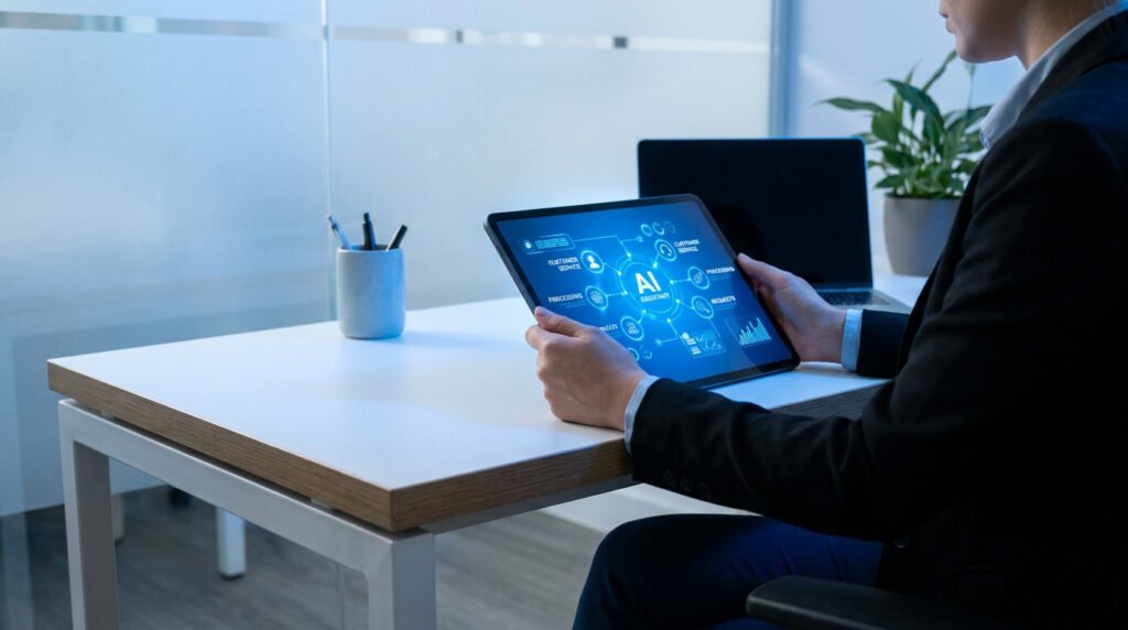 Personne en tenue professionnelle utilisant une tablette tactile avec une interface graphique d'IA au bureau.