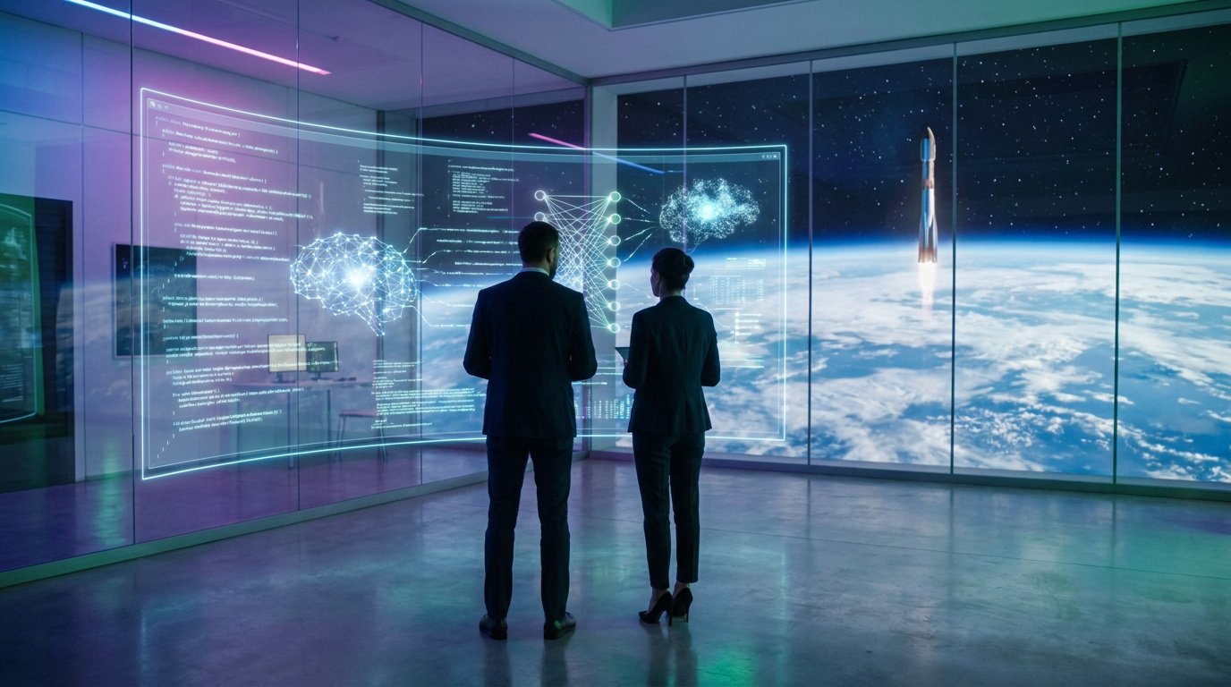 Deux professionnels en costume devant un écran holographique affichant du code et une fusée SpaceX au-dessus de la Terre.