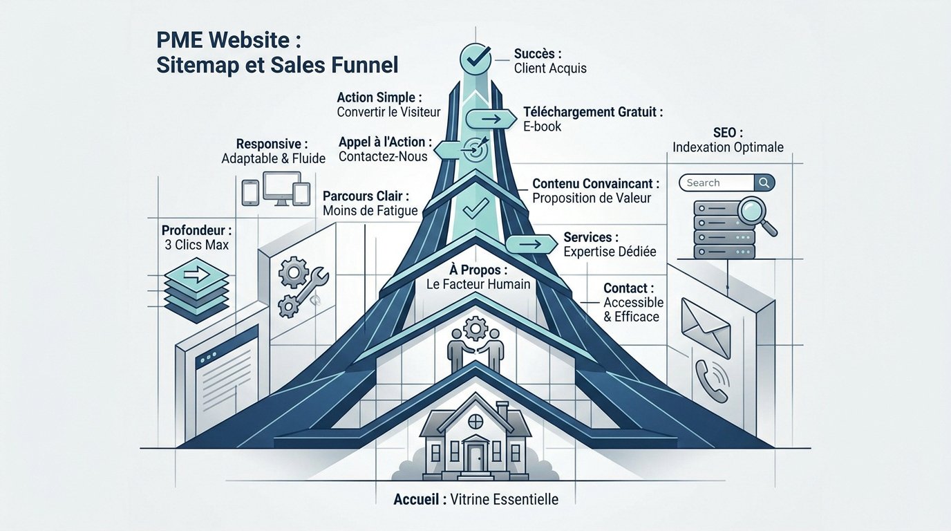 Infographie expliquant l'arborescence d'un site vitrine PME et son lien avec le tunnel de vente