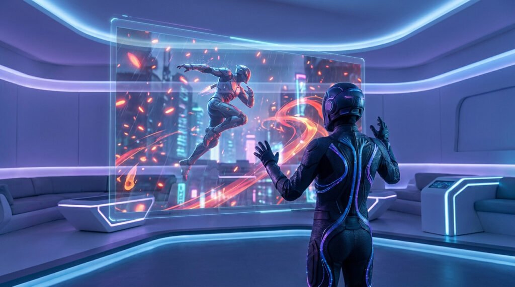Une personne en combinaison technologique interagissant avec un écran holographique affichant un guerrier en plein vol.