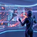 Une personne en combinaison technologique interagissant avec un écran holographique affichant un guerrier en plein vol.