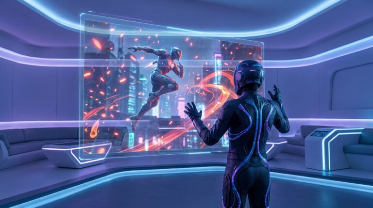 Une personne en combinaison technologique interagissant avec un écran holographique affichant un guerrier en plein vol.
