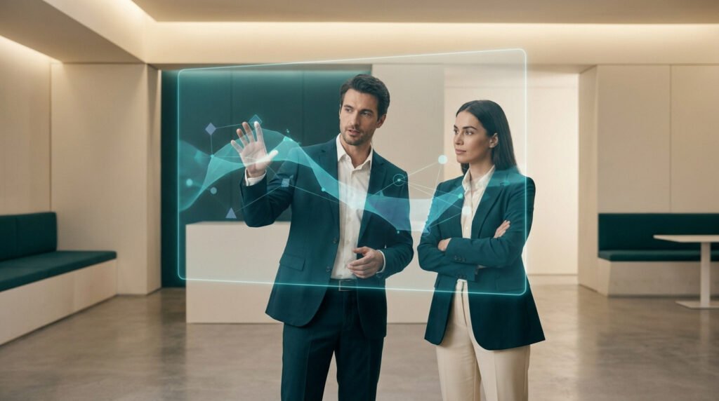 Professionnels travaillant sur une interface numérique holographique en IA