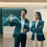 Professionnels travaillant sur une interface numérique holographique en IA