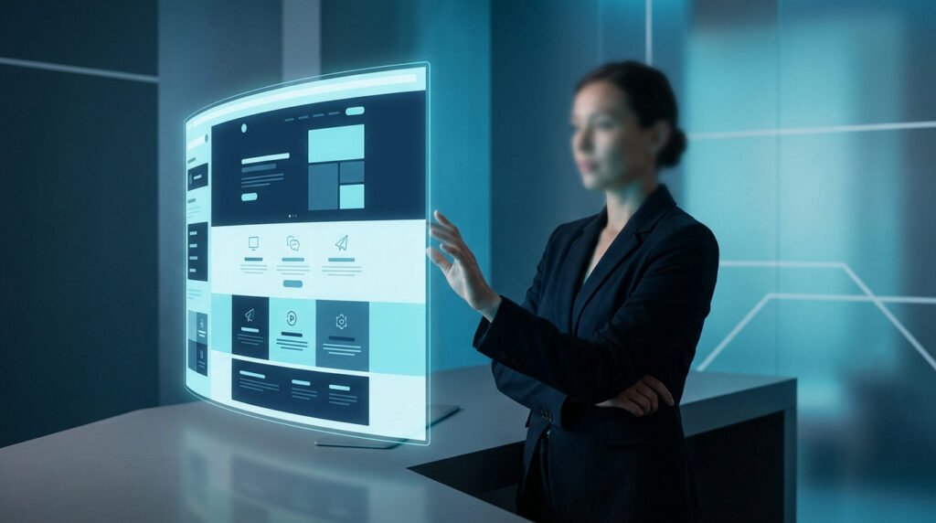 Une femme d'affaires interagit avec une interface numérique holographique affichant une maquette de site web.