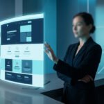 Une femme d'affaires interagit avec une interface numérique holographique affichant une maquette de site web.