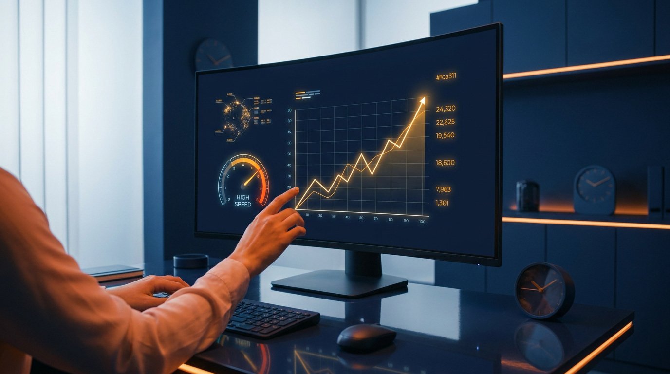 Une personne pointe un graphique de croissance et un indicateur de haute vitesse sur un écran d'ordinateur.