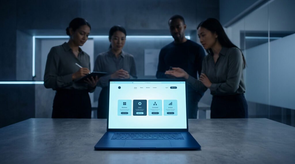 Quatre collègues discutent devant un ordinateur portable affichant une interface web épurée sur un bureau sombre.