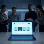 Quatre collègues discutent devant un ordinateur portable affichant une interface web épurée sur un bureau sombre.