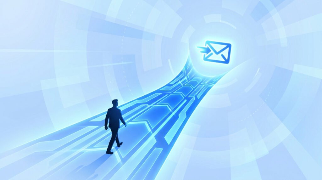 Un homme d'affaires marchant sur un tunnel numérique bleu lumineux vers une icône d'e-mail pour illustrer la conversion.
