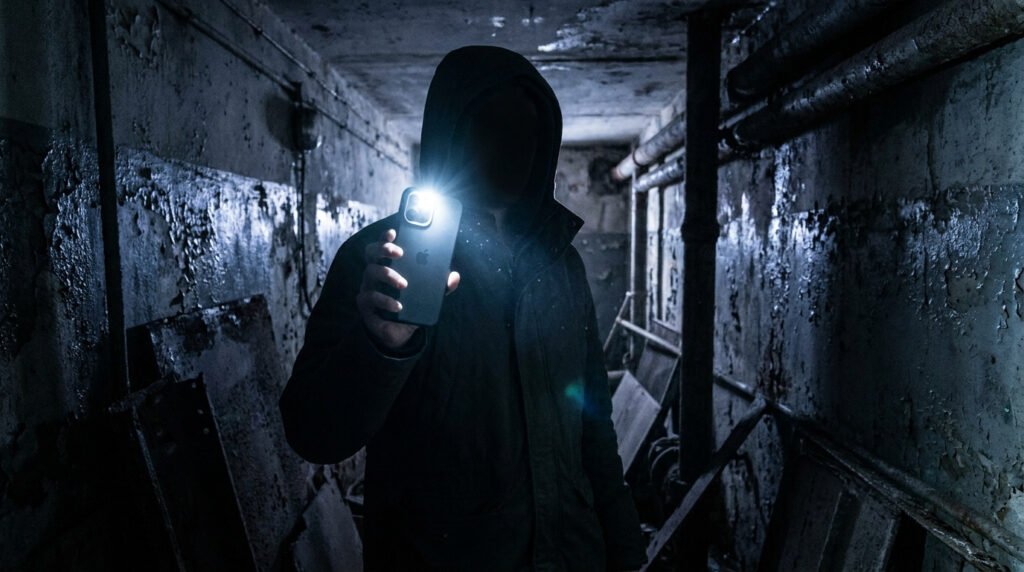 Une personne en sweat à capuche tient un smartphone éclairé dans un couloir sombre et délabré.