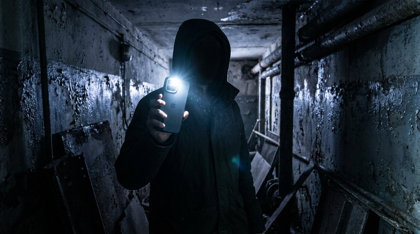 Une personne en sweat à capuche tient un smartphone éclairé dans un couloir sombre et délabré.