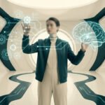 Une personne interagit avec des hologrammes de cerveau et d'engrenages dans un environnement futuriste.
