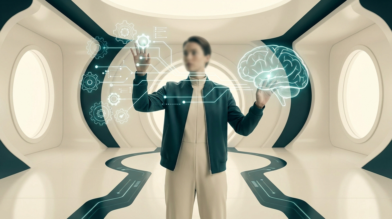 Une personne interagit avec des hologrammes de cerveau et d'engrenages dans un environnement futuriste.