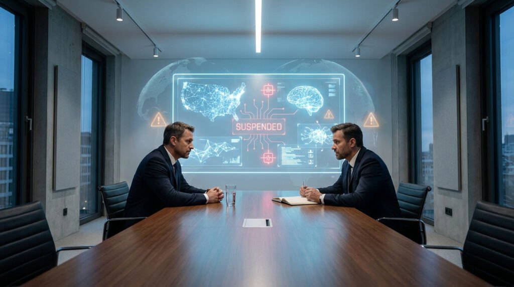 Deux hommes en costume assis face à face dans une salle de réunion devant un écran holographique affichant SUSPENDED.