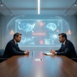 Deux hommes en costume assis face à face dans une salle de réunion devant un écran holographique affichant SUSPENDED.