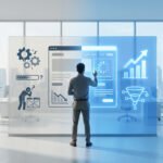 Homme d'affaires analysant les performances d'un site web sur un écran tactile futuriste dans un bureau lumineux.