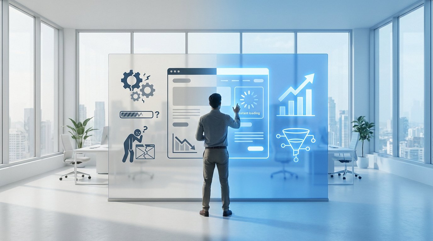 Homme d'affaires analysant les performances d'un site web sur un écran tactile futuriste dans un bureau lumineux.