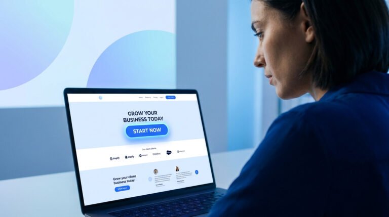 Une femme consulte une landing page sur son ordinateur portable avec un bouton d'appel à l'action bien visible.