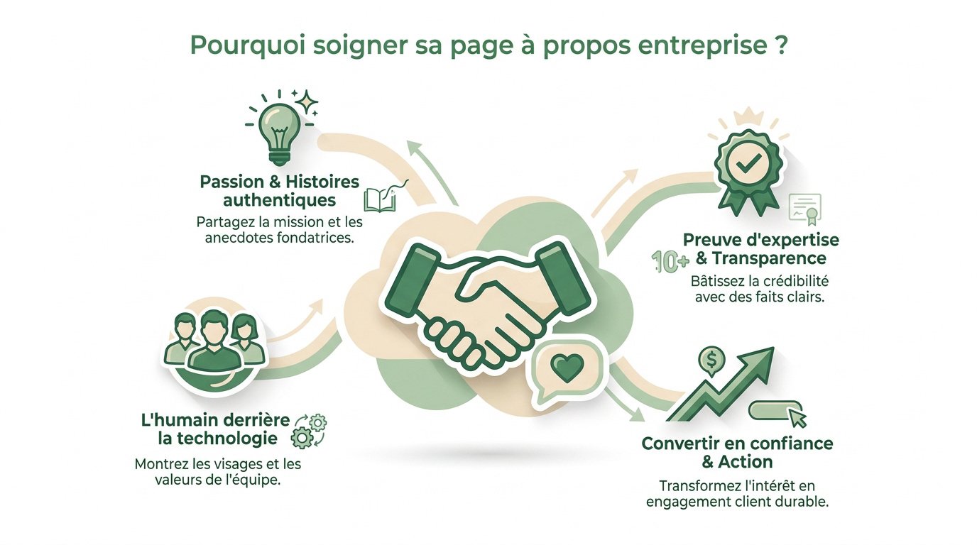 Équipe technique en réunion pour humaniser la page à propos d'une entreprise high-tech