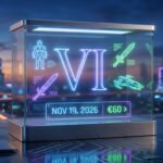 Une vitrine holographique affichant le chiffre romain VI avec une date de sortie et un prix dans une ville cyberpunk.