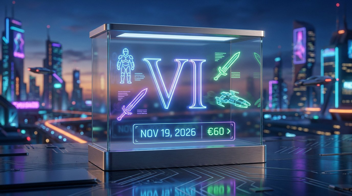 Une vitrine holographique affichant le chiffre romain VI avec une date de sortie et un prix dans une ville cyberpunk.