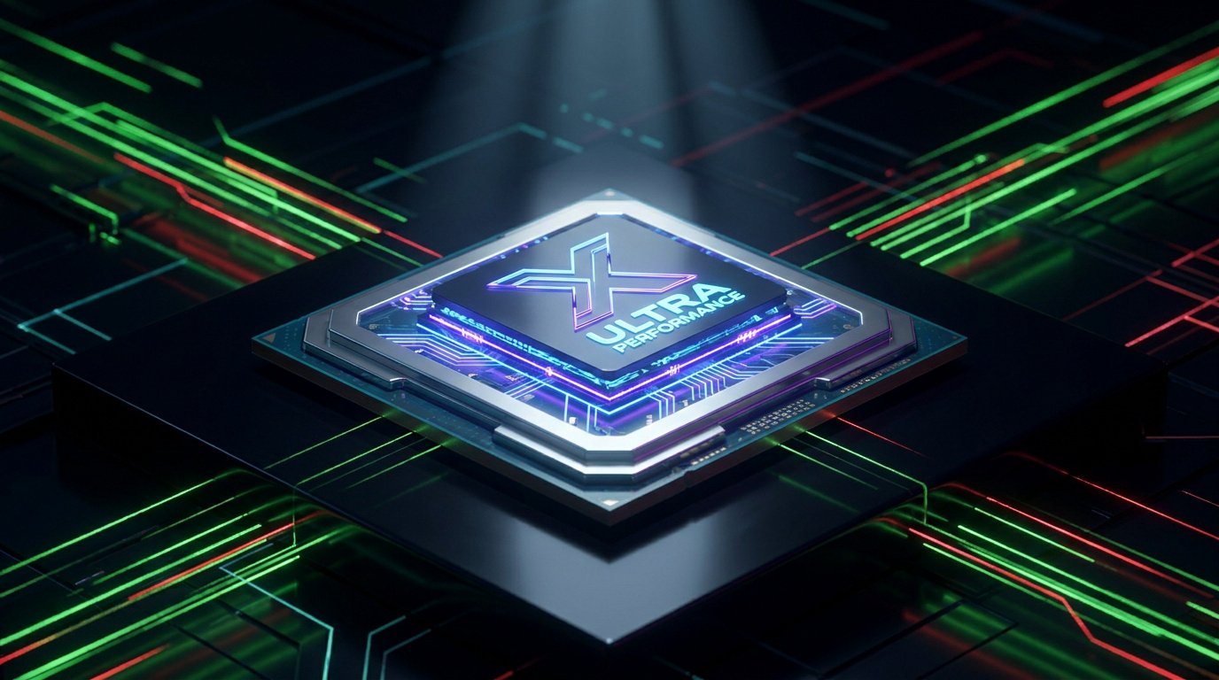 Processeur informatique futuriste avec un logo X brillant sur fond de circuits électroniques verts et rouges.