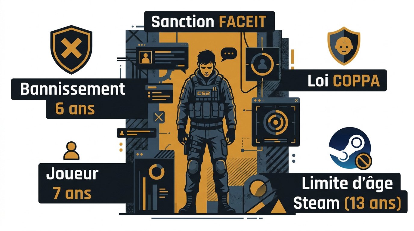Illustration du bannissement de FACEIT pour non-respect de la loi COPPA et des limites d'âge sur Counter-Strike 2