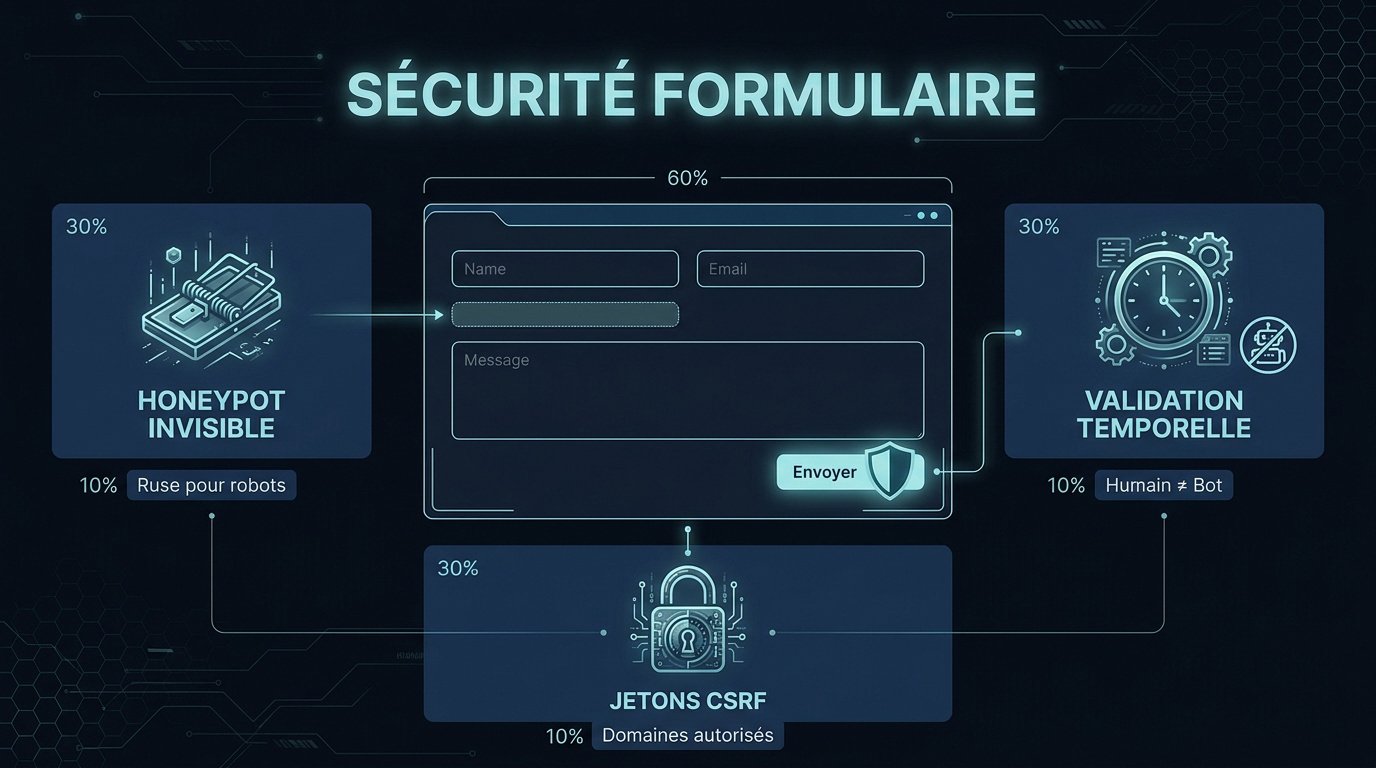 Schéma technique de protection de formulaire incluant honeypot, jetons temporels et CSRF