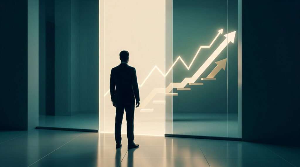 Un homme d'affaires regarde un graphique lumineux montrant une forte progression vers le haut dans un bureau moderne.
