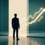 Un homme d'affaires regarde un graphique lumineux montrant une forte progression vers le haut dans un bureau moderne.