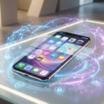 Un smartphone posé sur une table émettant des projections holographiques numériques et des icônes de sécurité.