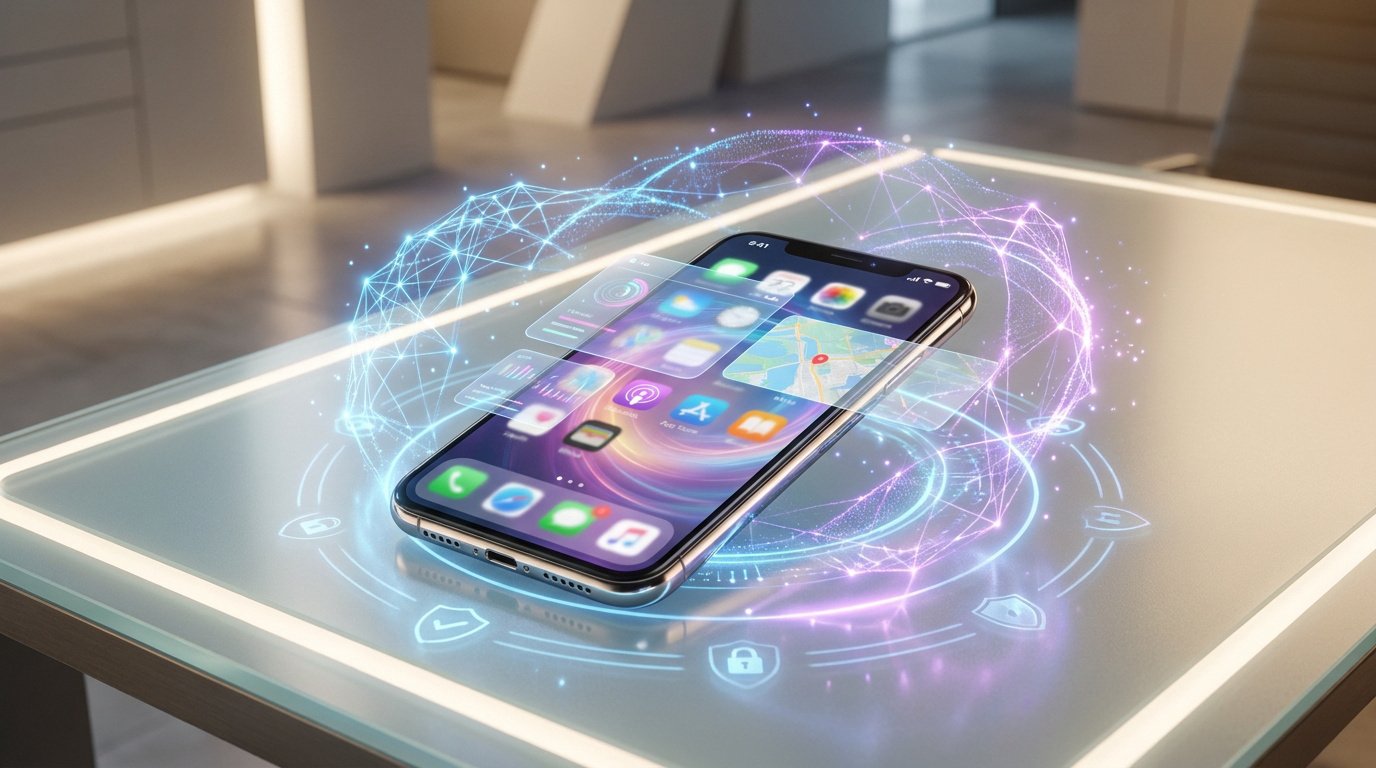 Un smartphone posé sur une table émettant des projections holographiques numériques et des icônes de sécurité.