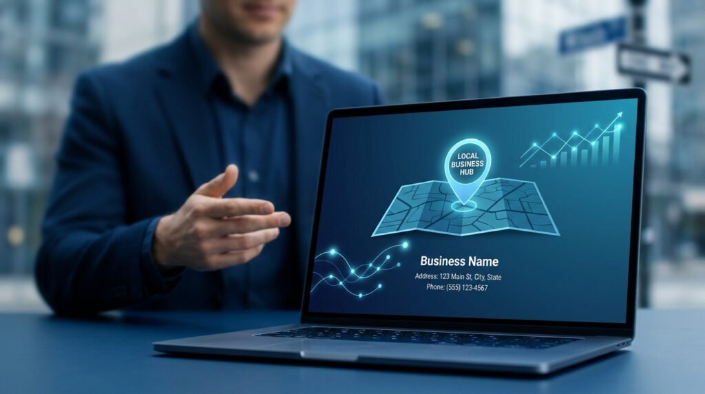 Un professionnel présente une landing page affichant une carte avec une épingle de géolocalisation sur un ordinateur portable.